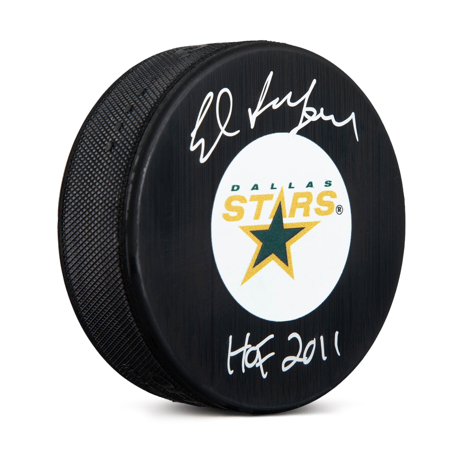 Ed Belfour Signed Dallas Stars Retro Logo Puck with HOF Note