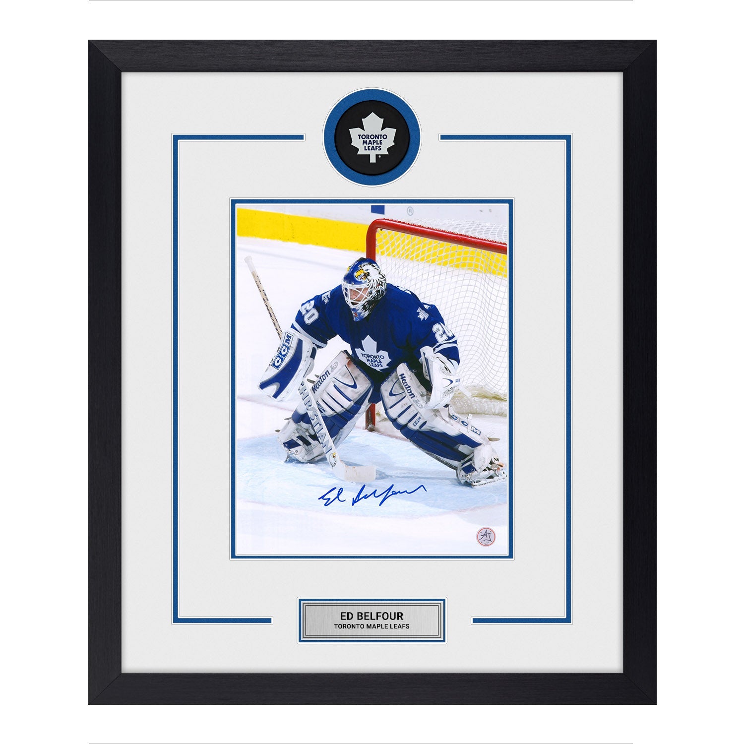 Ed Belfour Autographed Toronto Maple Leafs Puck Logo 23x27 Frame