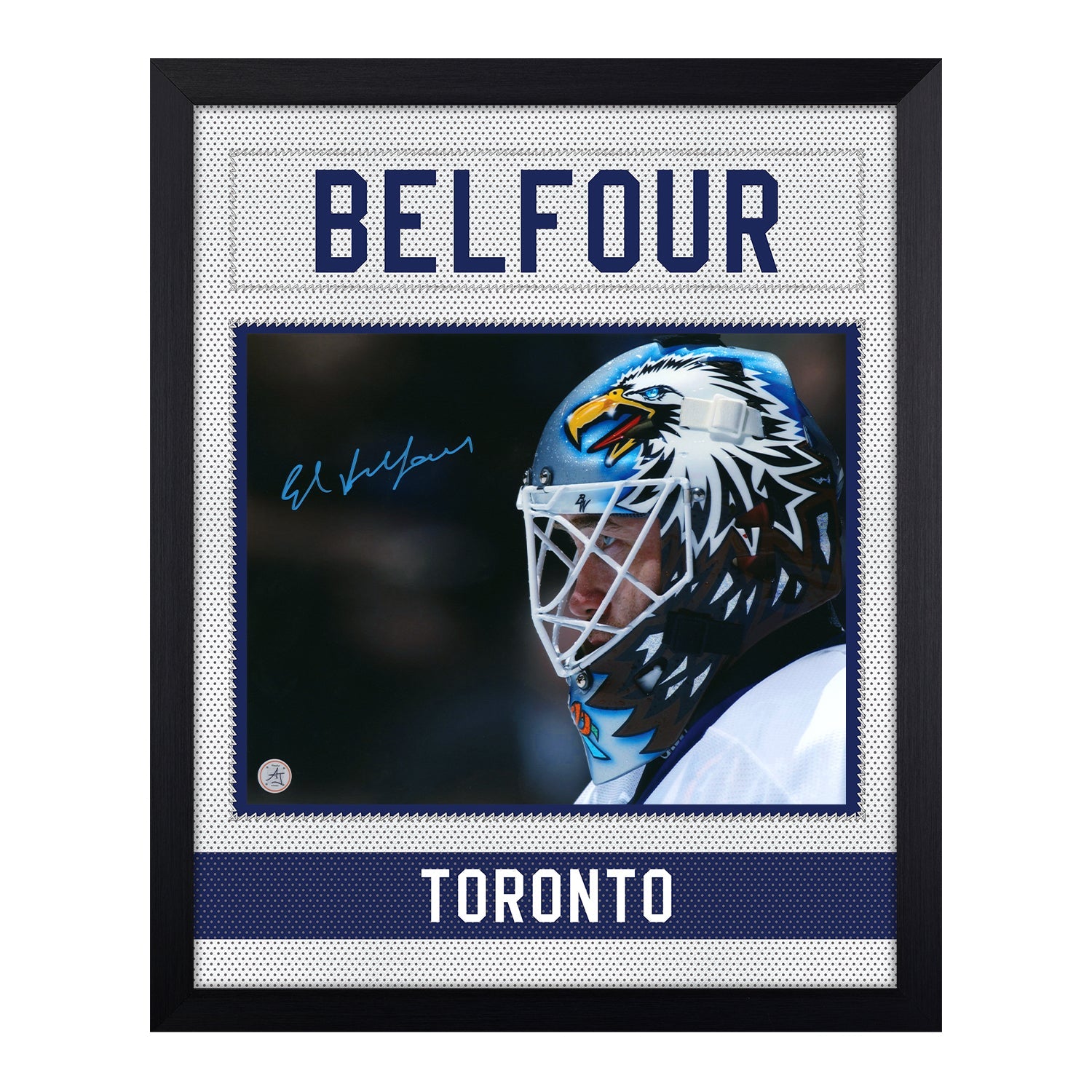 Ed Belfour Signed Toronto Maple Leafs Uniform Graphic 19x23 Frame