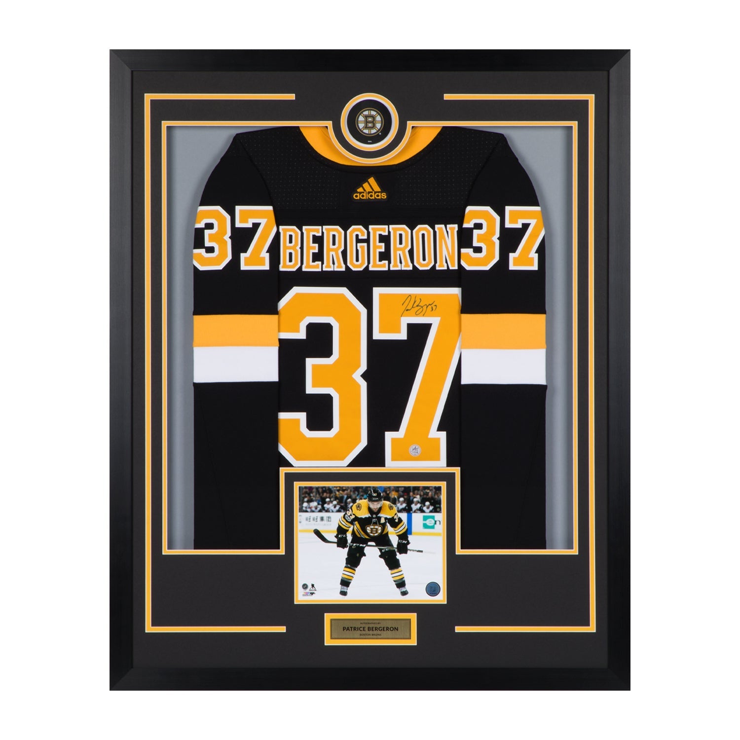 Patrice Bergeron Signed Boston Bruins Puck Logo 36x44 Jersey Frame