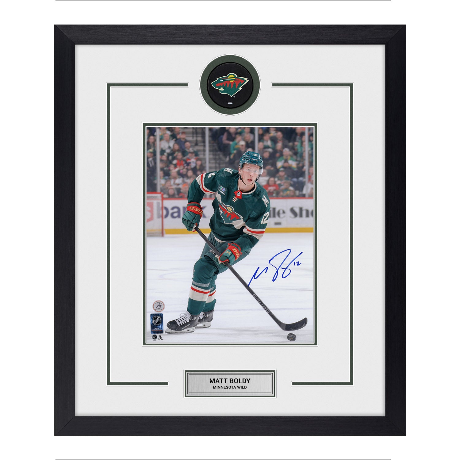 Matt Boldy Autographed Minnesota Wild Puck Logo 23x27 Frame