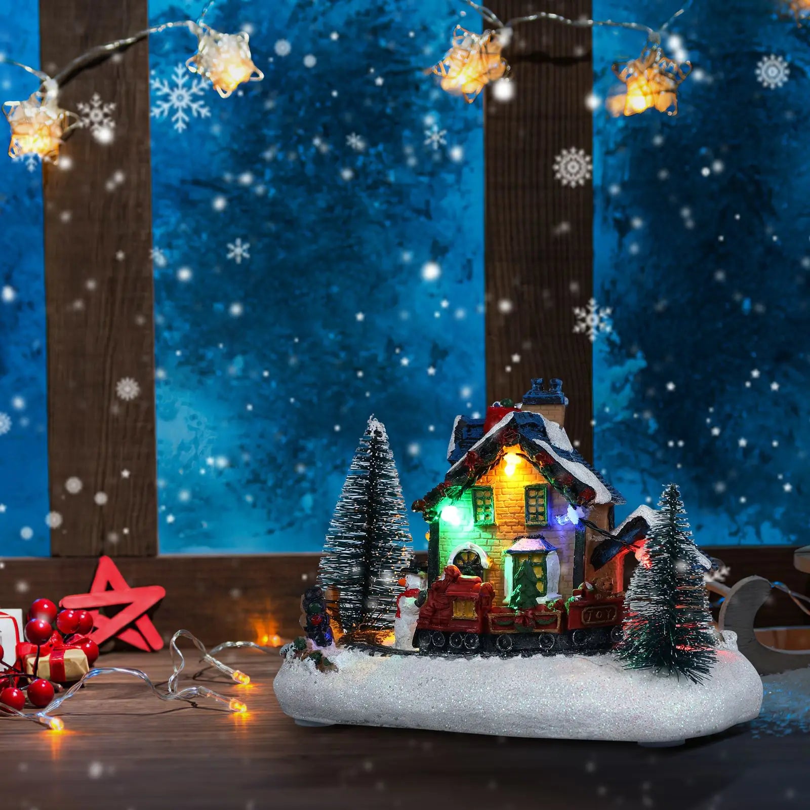 Battery-Operated LED Resin Log Cabin Christmas Ornament-3