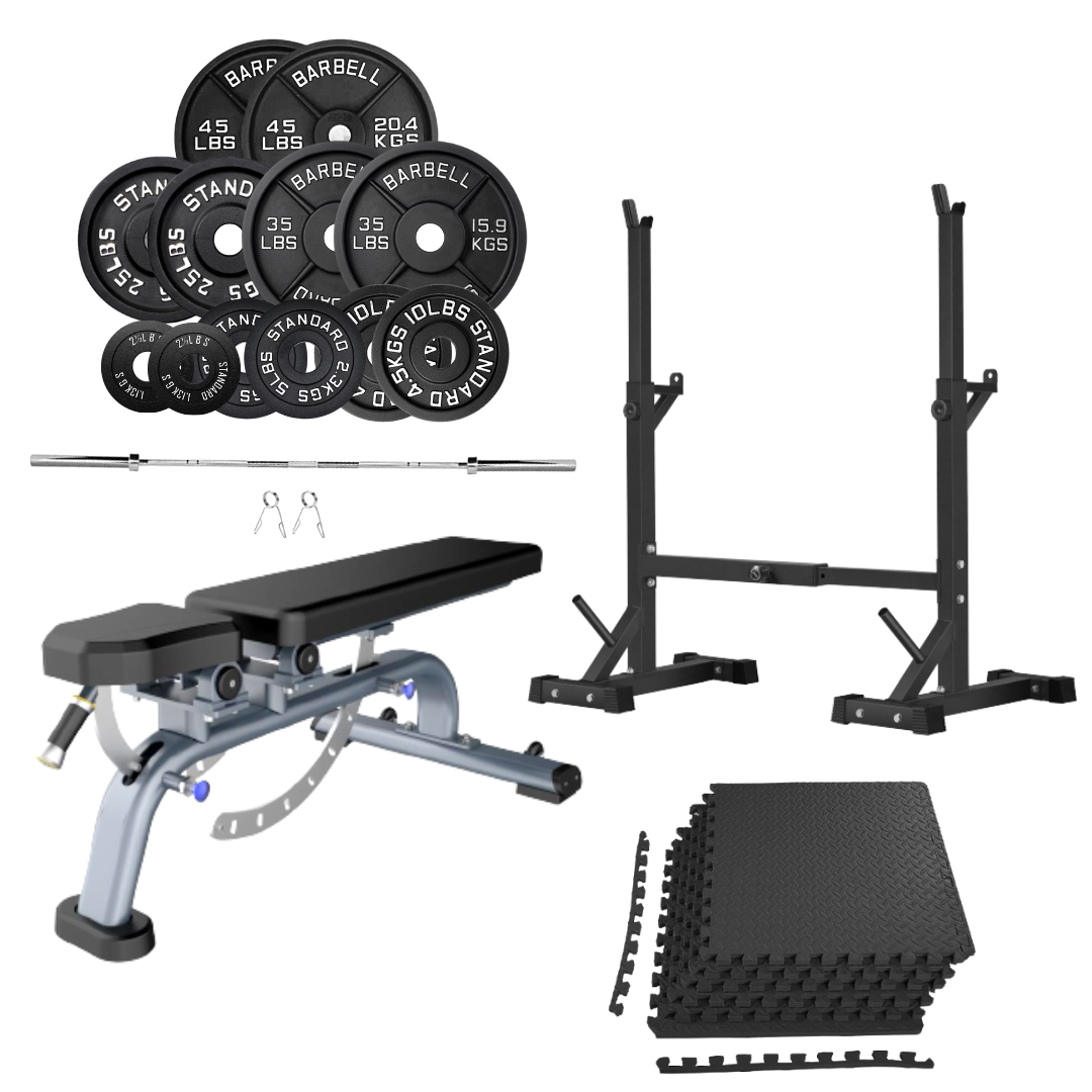 Bench Press Stack with Squat Rack, Weight Plates and Barbell Bar