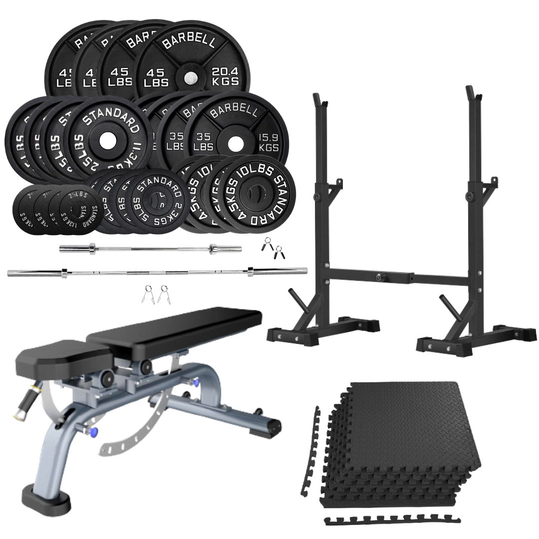 Bench Press Stack with Squat Rack, Weight Plates and Barbell Bar