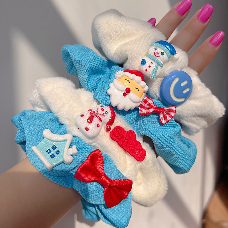 Blue & White Cute Snowman Bow Hair Tie