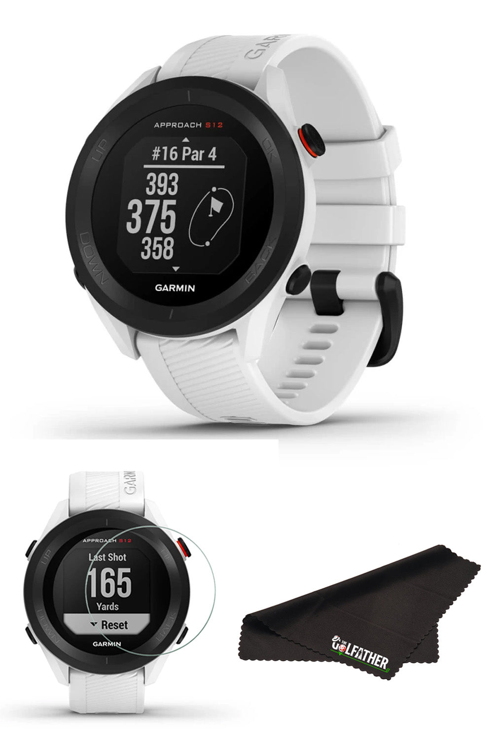 Garmin Approach G15 golf watch with a black cloth on a white background