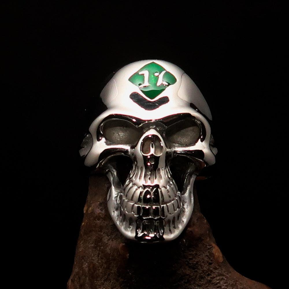 Mirror polished Men's Outlaw Biker Ring green 1% Skull - Sterling Silver