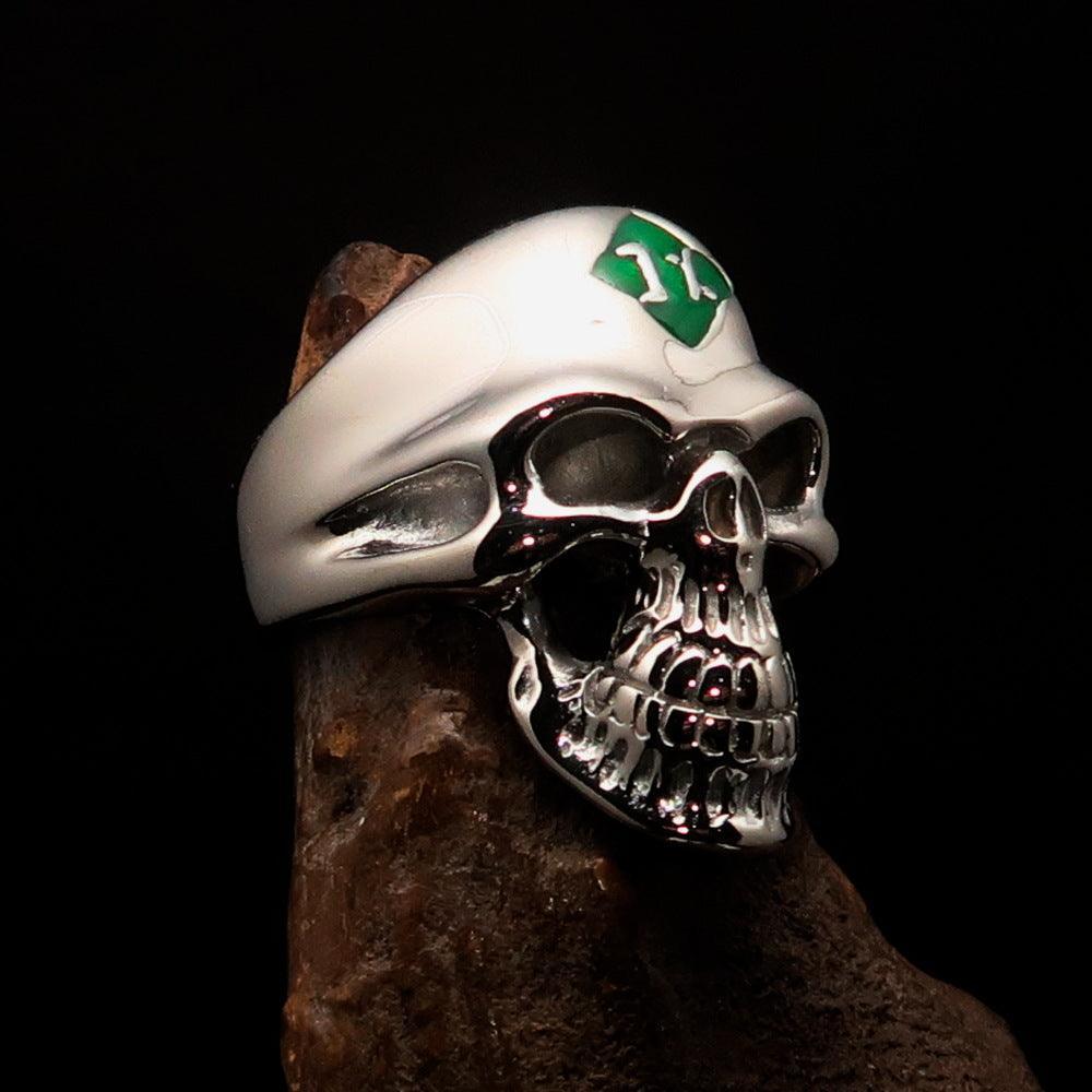Mirror polished Men's Outlaw Biker Ring green 1% Skull - Sterling Silver
