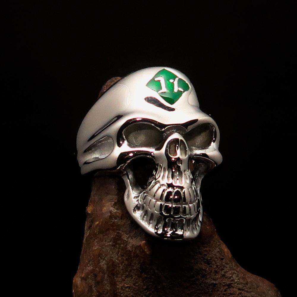 Mirror polished Men's Outlaw Biker Ring green 1% Skull - Sterling Silver