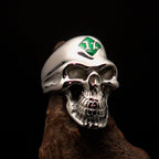 Mirror polished Men's Outlaw Biker Ring green 1% Skull - Sterling Silver