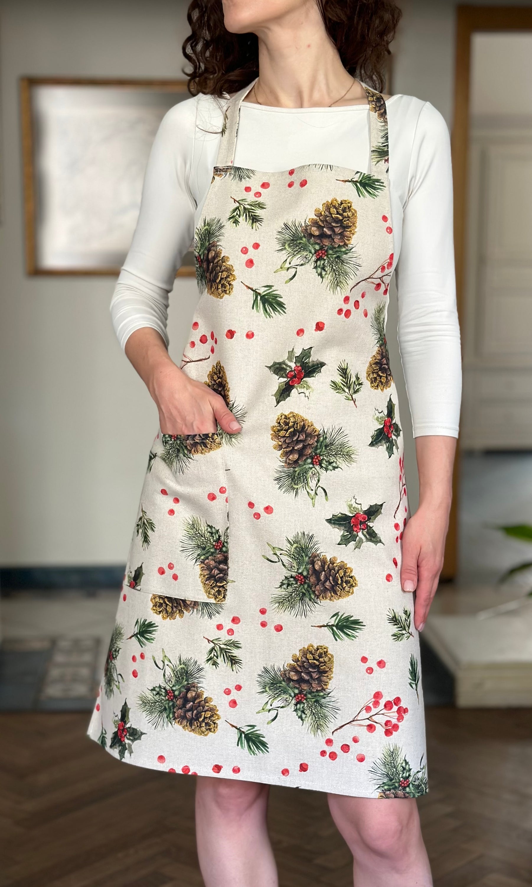 Christmas Ladies Apron cotton-linen mix, printed | Golden Pine