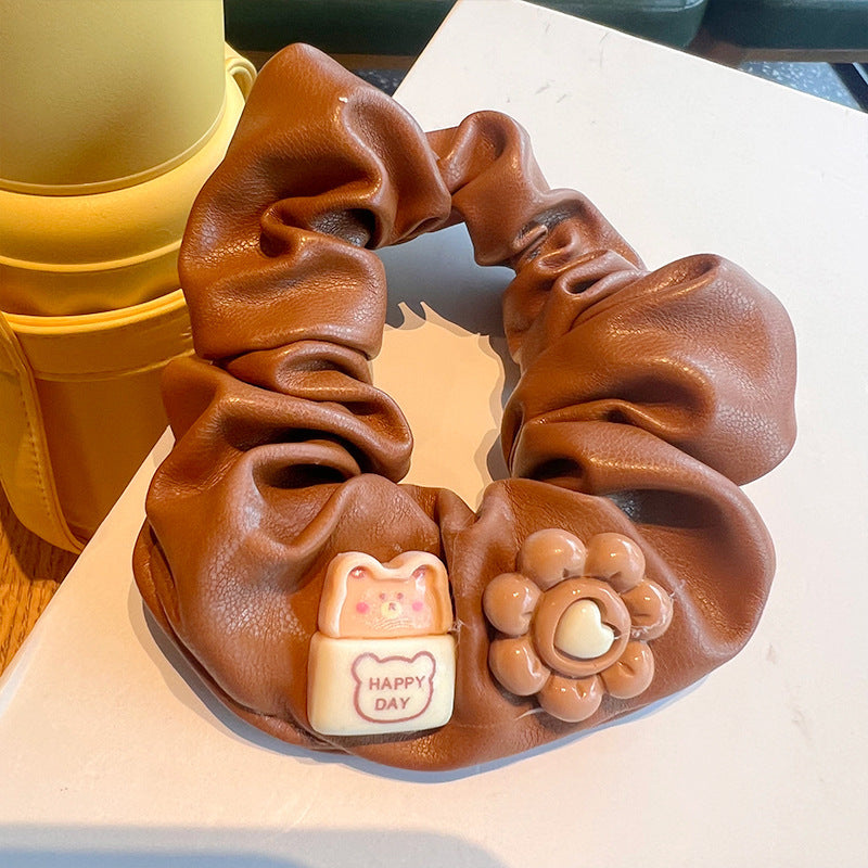 Brown Leather Biscuit Bear Hair Tie