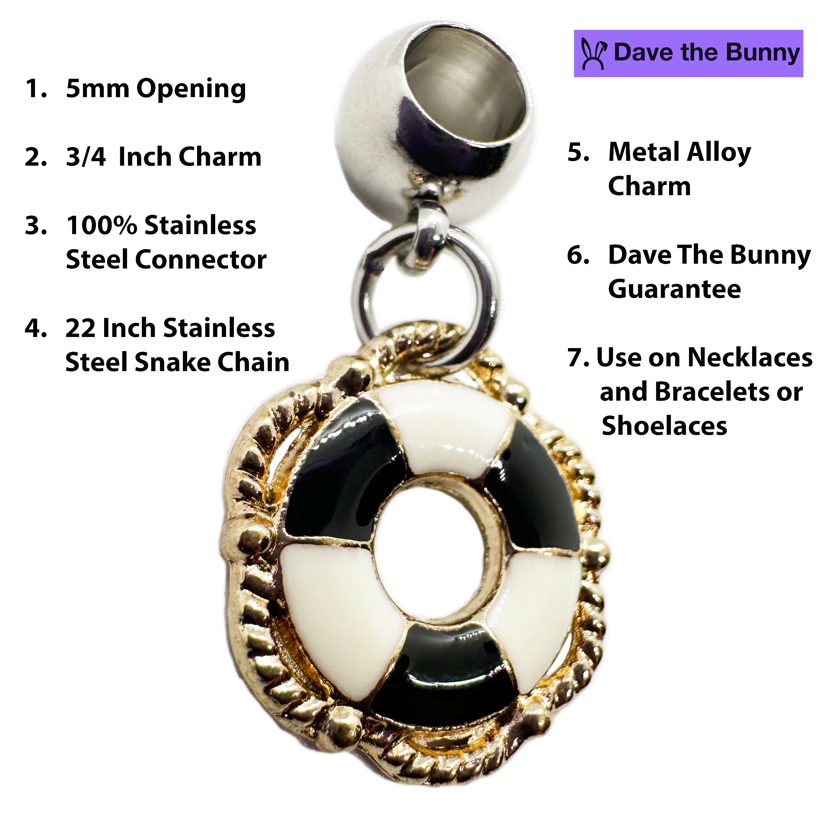 Life Saver Necklace - Stainless Steel Snake Chain Bracelet with Metal Alloy Charm - Nautical Themed Life Preserver, Life Saver, Life Guard Design - Durable and Elegant Jewelry Accessory for Men and Women-1