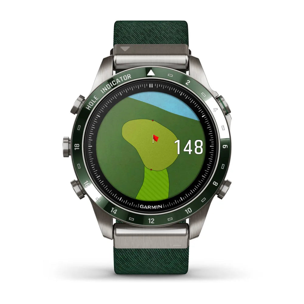 Garmin smartwatch with a golf course display on a white background