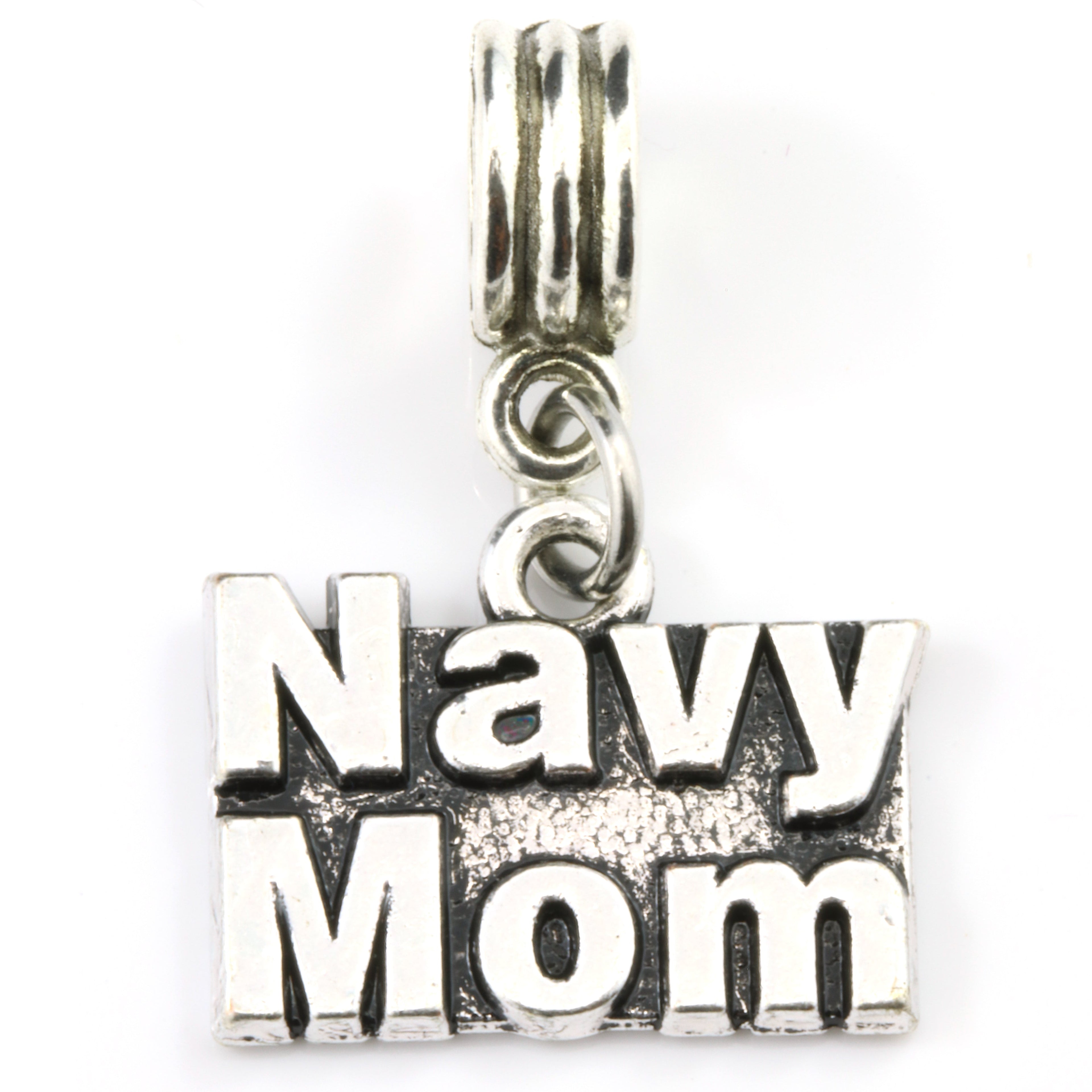 silver pendant charm with raised “Navy Mom” text