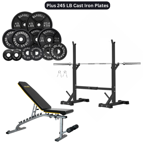 Squat Rack, Bench, Barbell & Weight Plates Stack