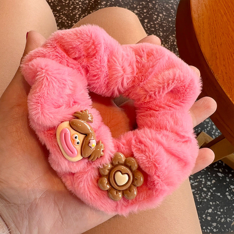Pink & Brown Cute Clown Plush Hair Tie