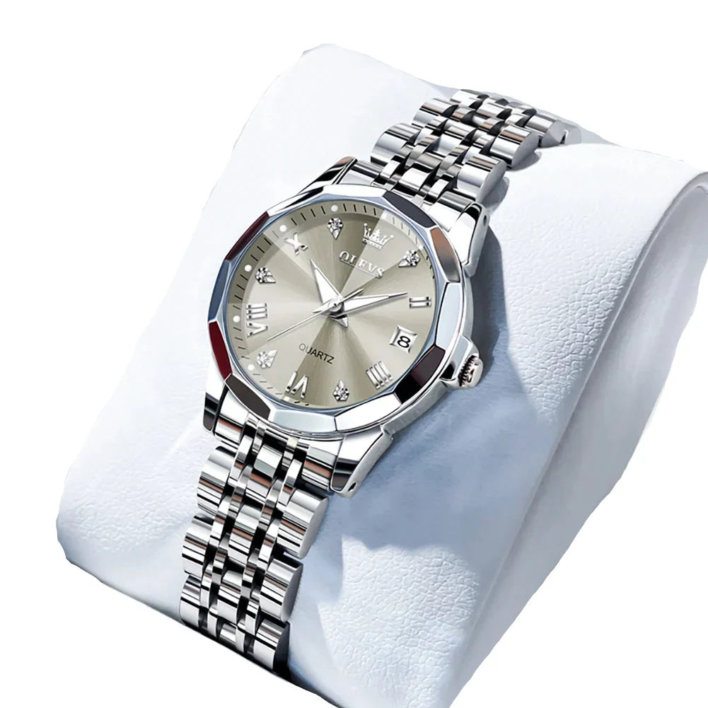 Womens Stainless Steel Quartz Watch Waterproof (Silver Grey)-0