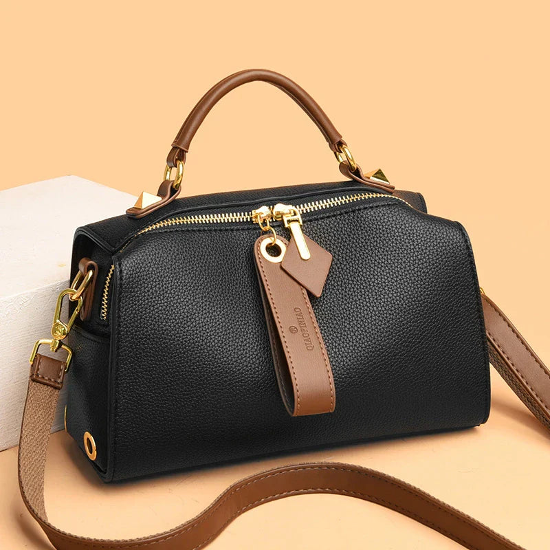 Crossbody Tote Bag Solid PU Leather Shoulder Women Black