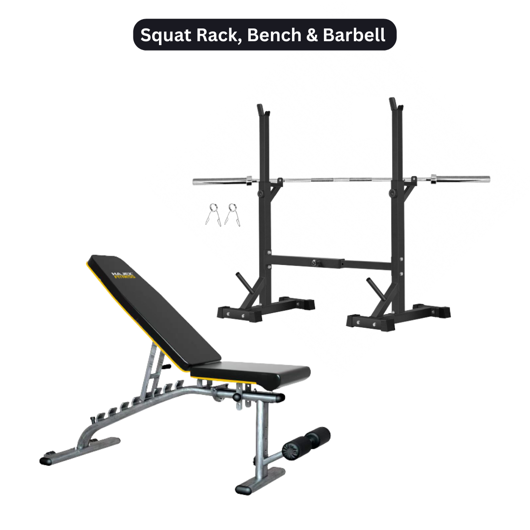 Squat Rack, Bench, Barbell & Weight Plates Stack