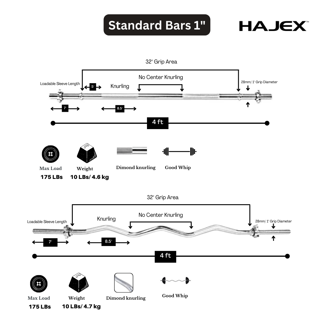 HAJEX Olympic and Standard Barbell Bars 4Ft, 5Ft, 6Ft and 7Ft