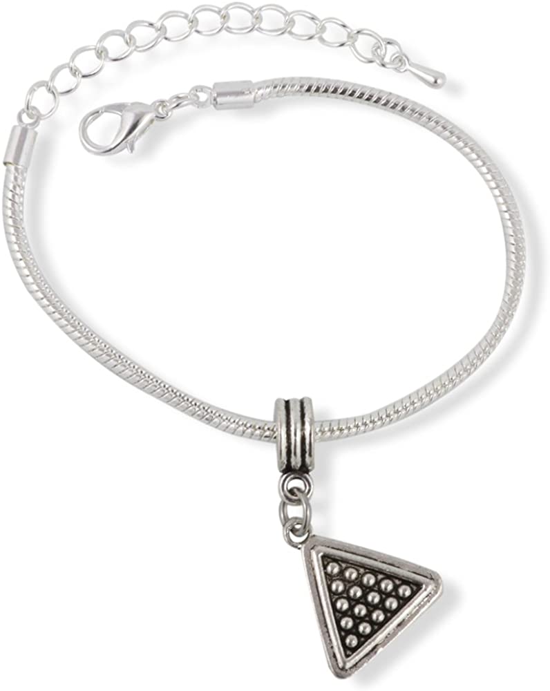 silver adjustable bracelet with a textured triangle charm