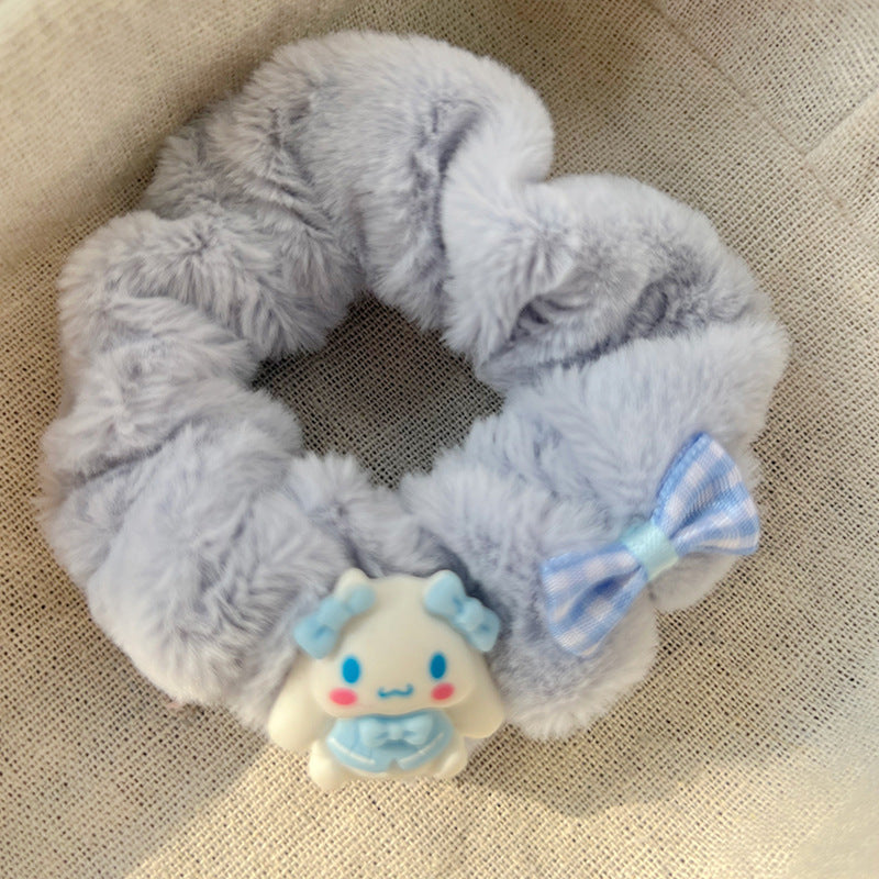 Blue & White Plush Hair Tie-5pcs Set