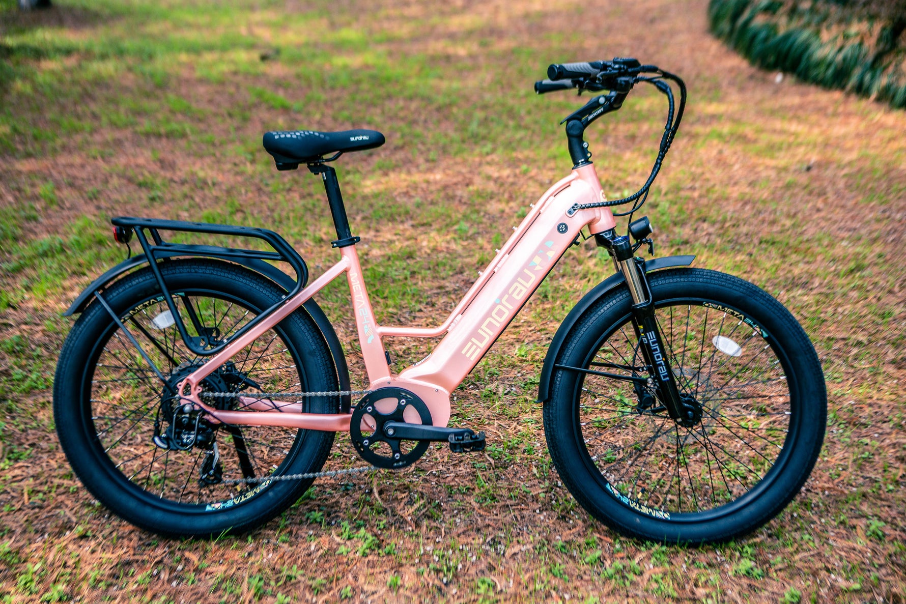 Pink electric bike on a grassy field
