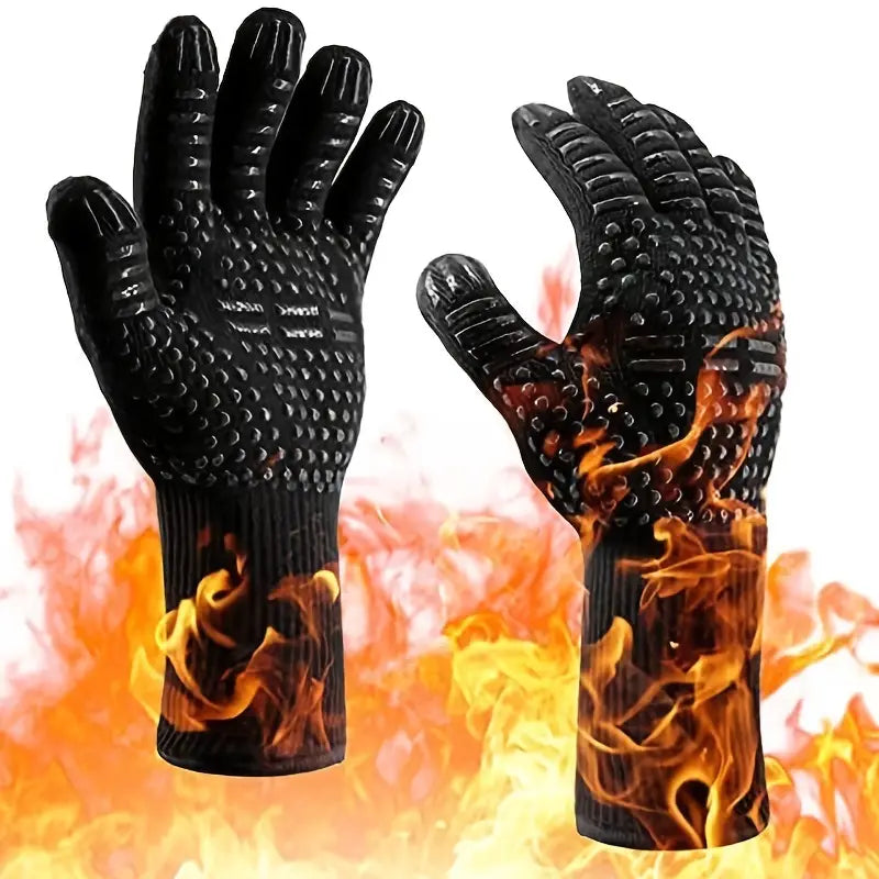 Fireproof Silicone BBQ Gloves - Heat Resistant, Cut-Resistant, Non-Slip (Black)-0