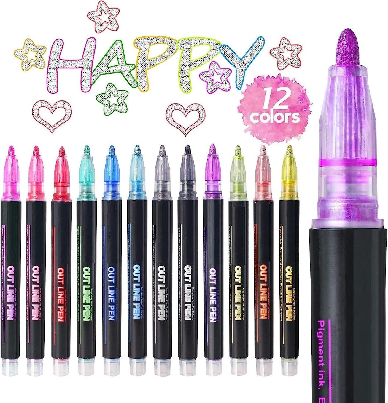 12 Pc Metallic Double Line Outline Marker Pen Set Craft