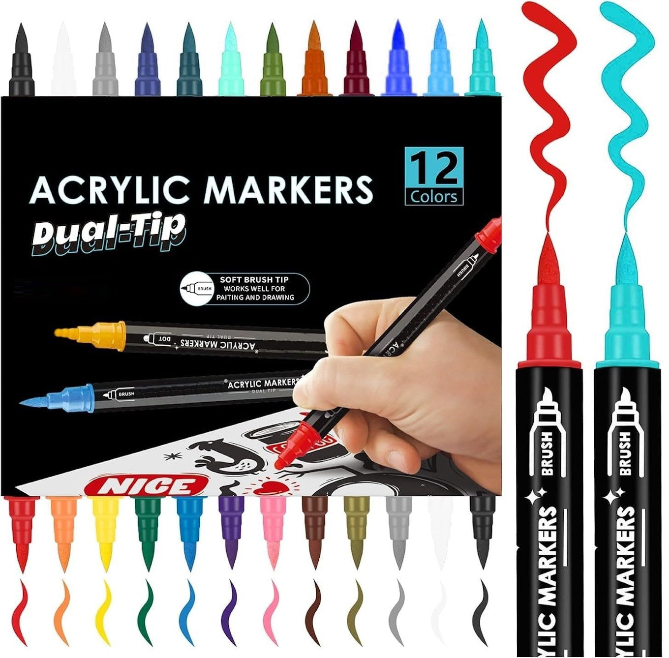 24 Color Dual Tip Acrylic Brush Marker Pen Set for Kids
