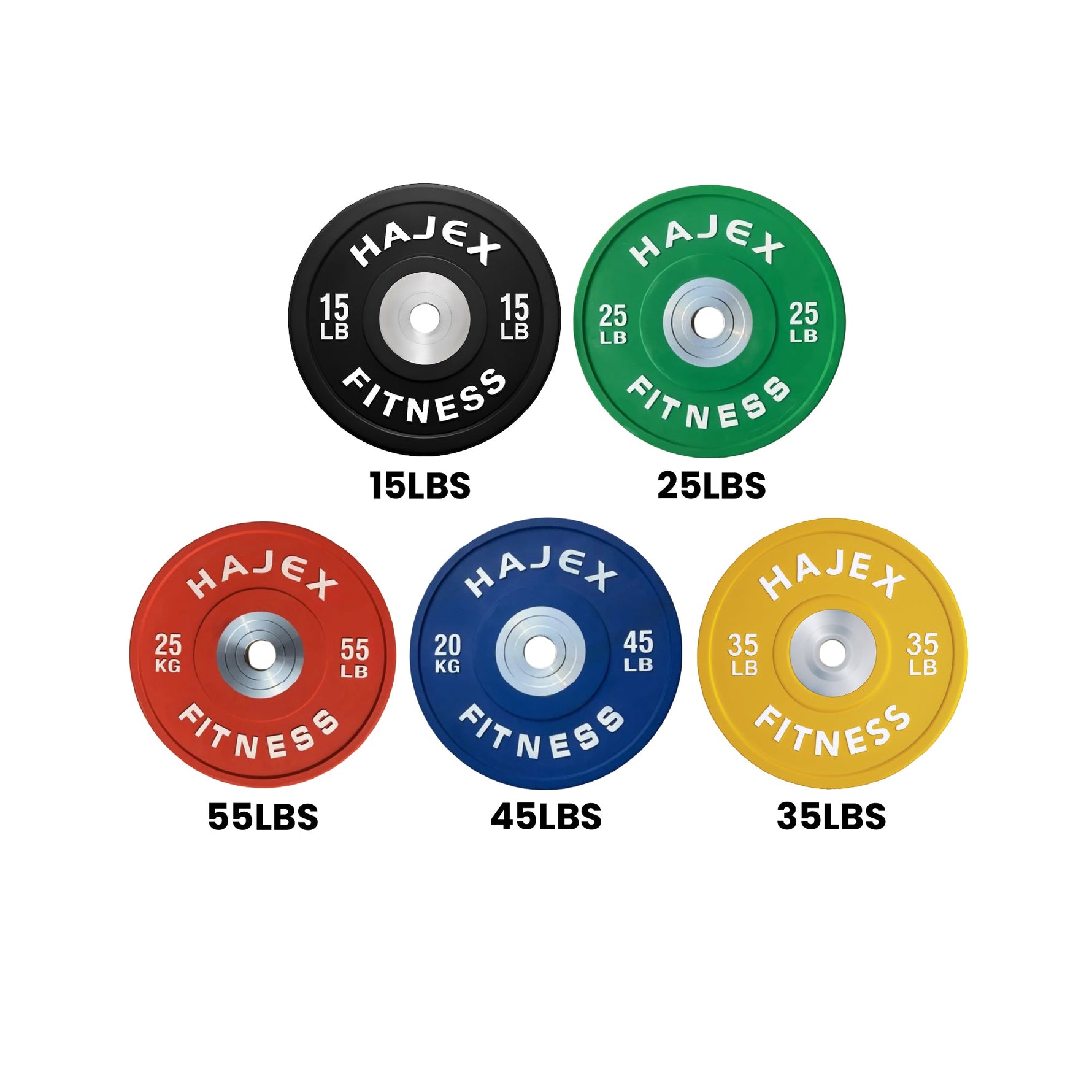 HAJEX Olympic Competition Steel Hub Bumper Plates Colored - 15, 25, 35, 45, 55 LB