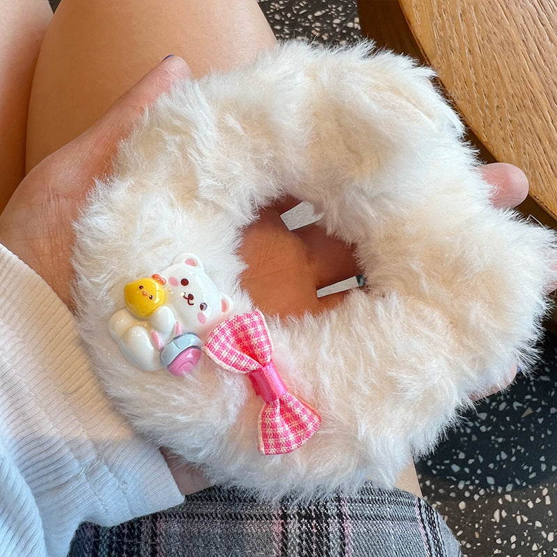 Cute White Bear Bow Plush Hair Tie