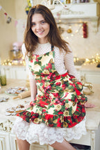 Ladies winter apron | Beige Christmas flowers