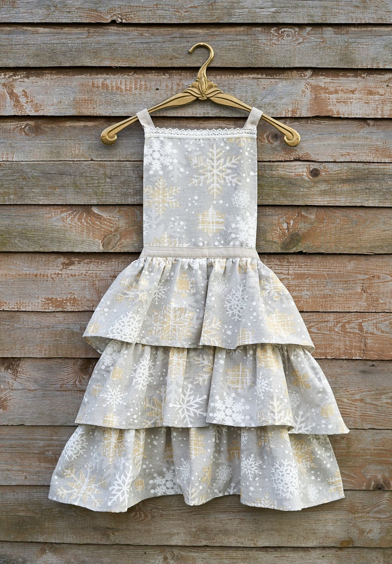 Winter motive Ladies apron with snowflake print, Cottom-Poly mix | Tea