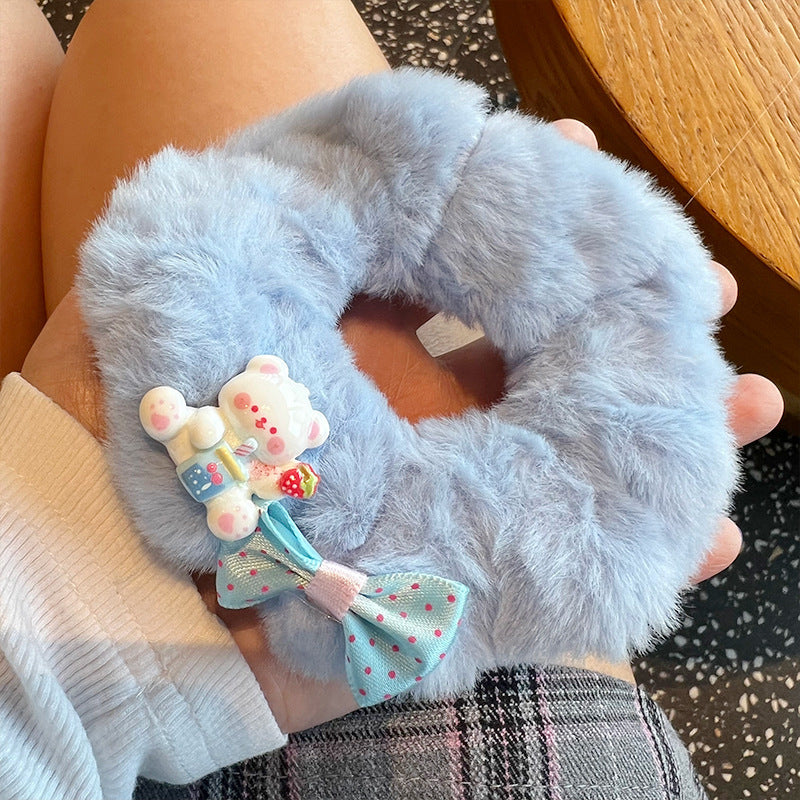 Cute White Bear Bow Plush Hair Tie