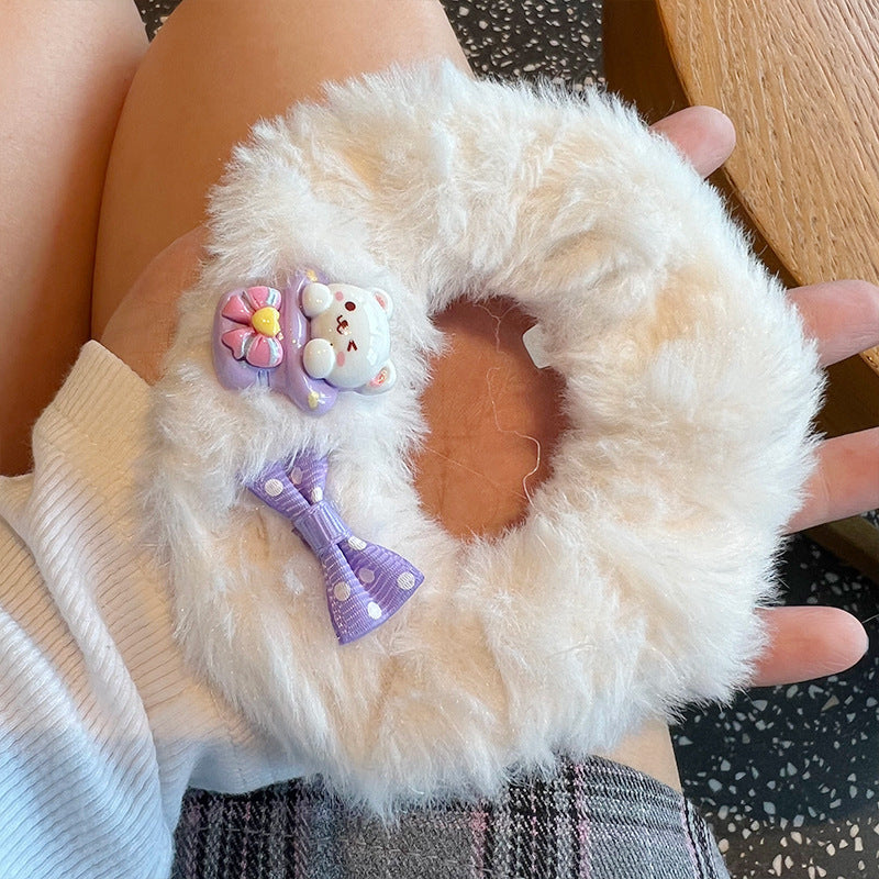 Cute White Bear Bow Plush Hair Tie