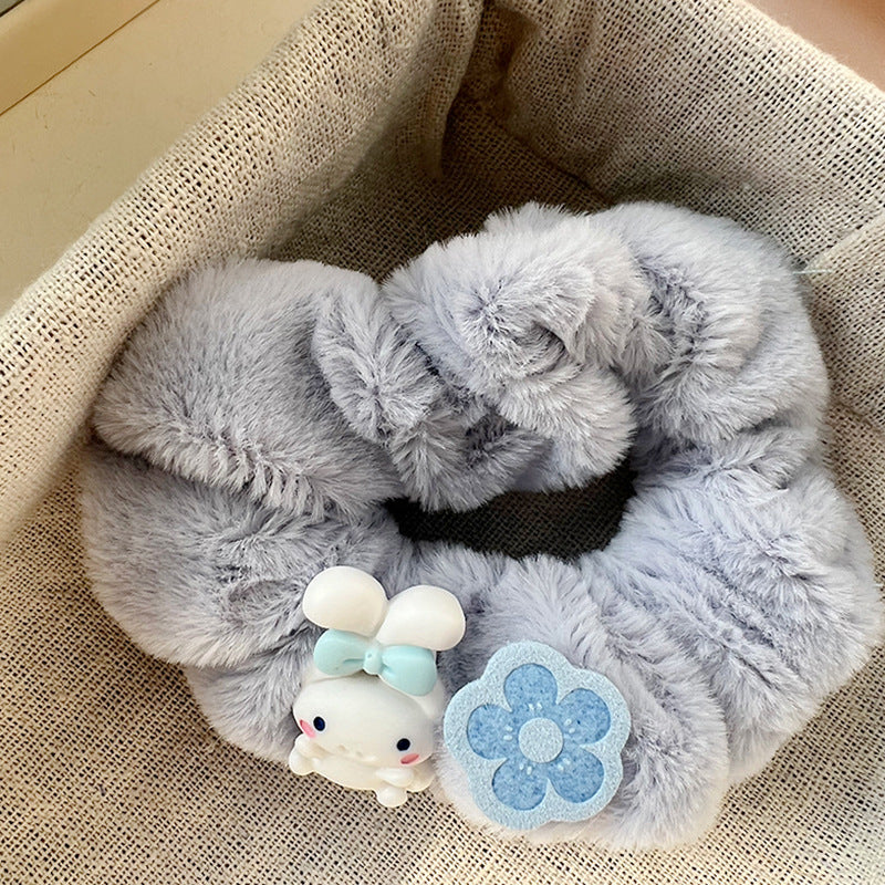 Blue & White Plush Hair Tie-5pcs Set