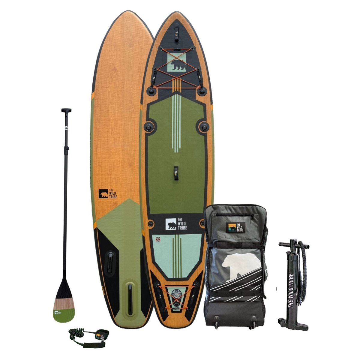 Paddleboard with accessories on a white background