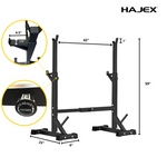 Squat Rack, Bench, Barbell & Weight Plates Stack