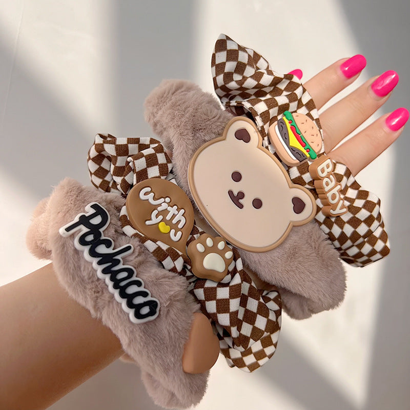 Cute Bear Coffee Checkerboard Hair Tie