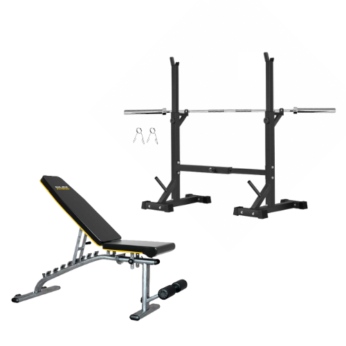 Squat Rack, Bench, Barbell & Weight Plates Stack