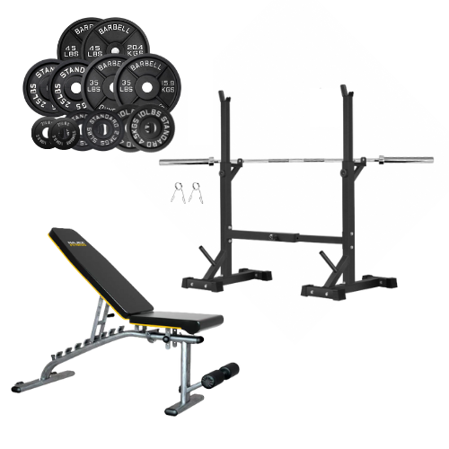 Squat Rack, Bench, Barbell & Weight Plates Stack