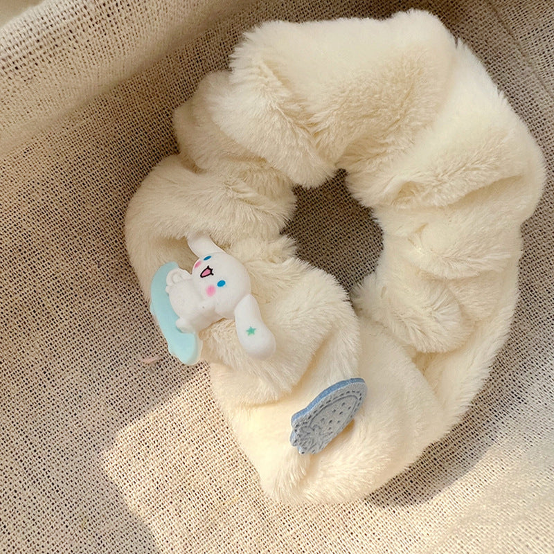 Blue & White Plush Hair Tie-5pcs Set